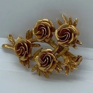 Yellow Gold Tone Rose Bush Brooch